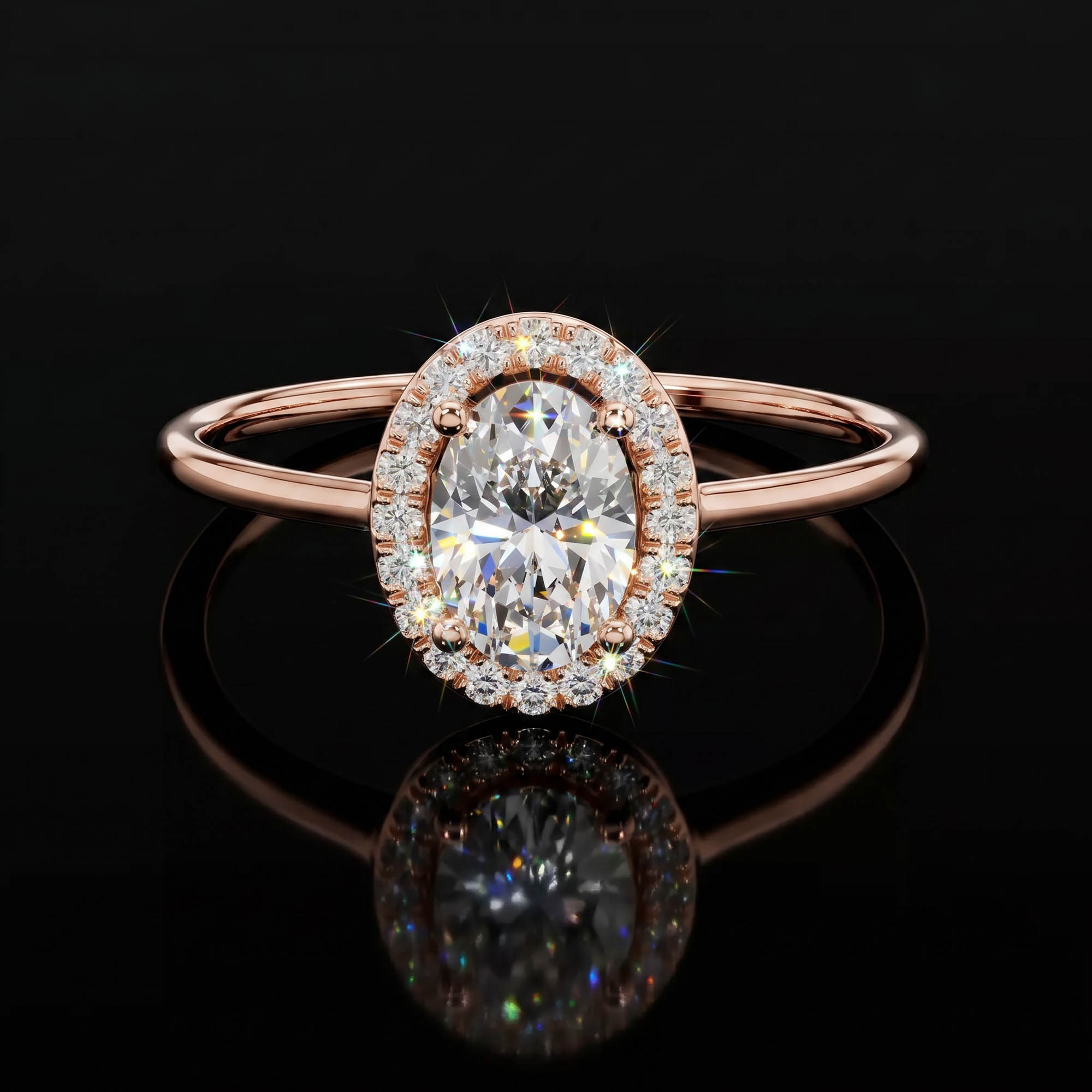 Aura 0,60 Karat Oval Kesim Halo Taşlı Minimal CVD Pırlanta Lab Grown Tektaş Yüzük (14 ayar 1.15Gr altin)