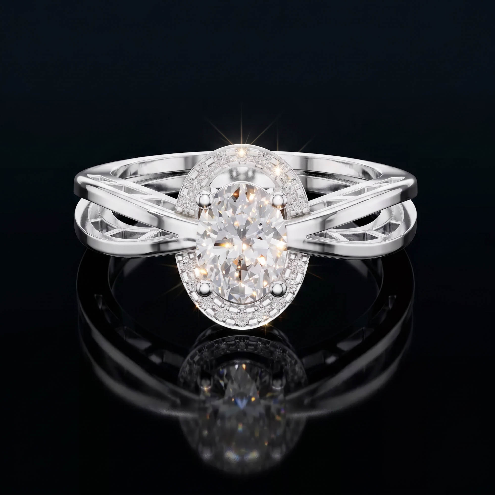 Aura 0,76 Karat Oval Kesim Halo Taşlı Mimari Çift Kollu CVD Pırlanta Lab Grown Tektaş Yüzük (14 ayar 3.3Gr altin)