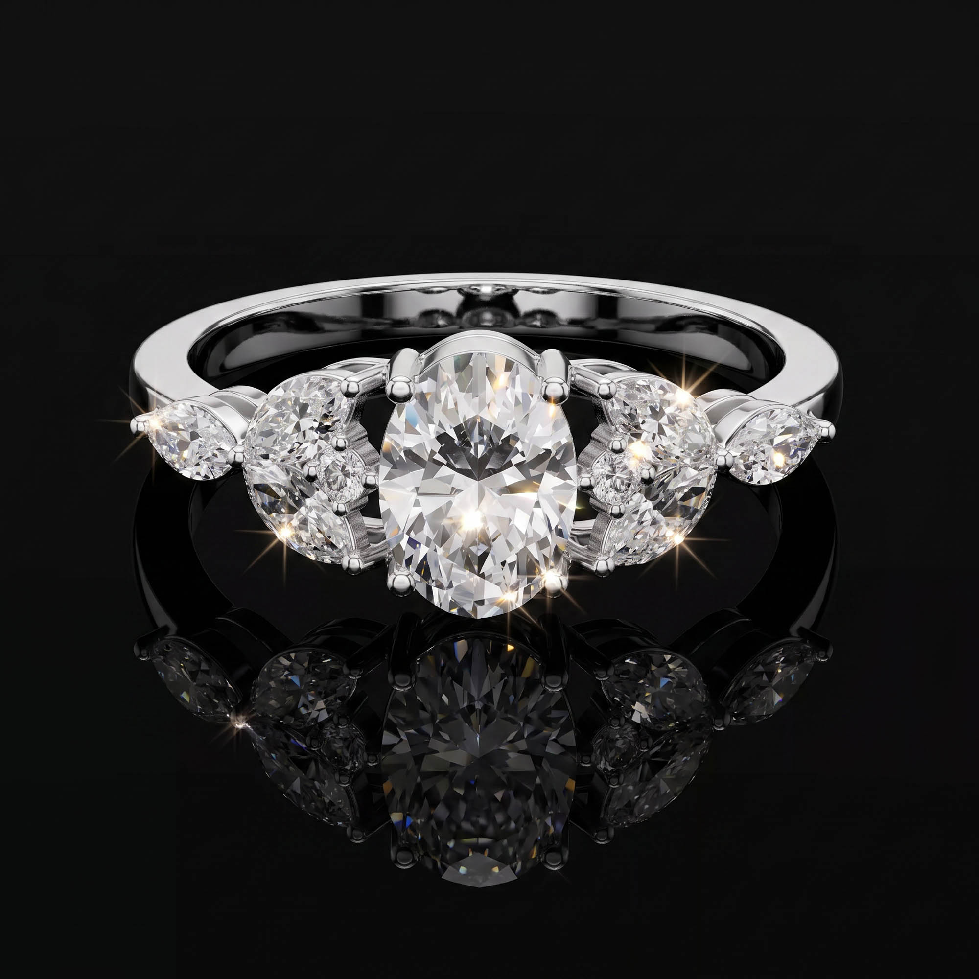 Aura 0,99 Karat Oval ve Markiz Kesim CVD Pırlanta Lab Grown Tria Yüzük (14 ayar 1.91Gr altin)