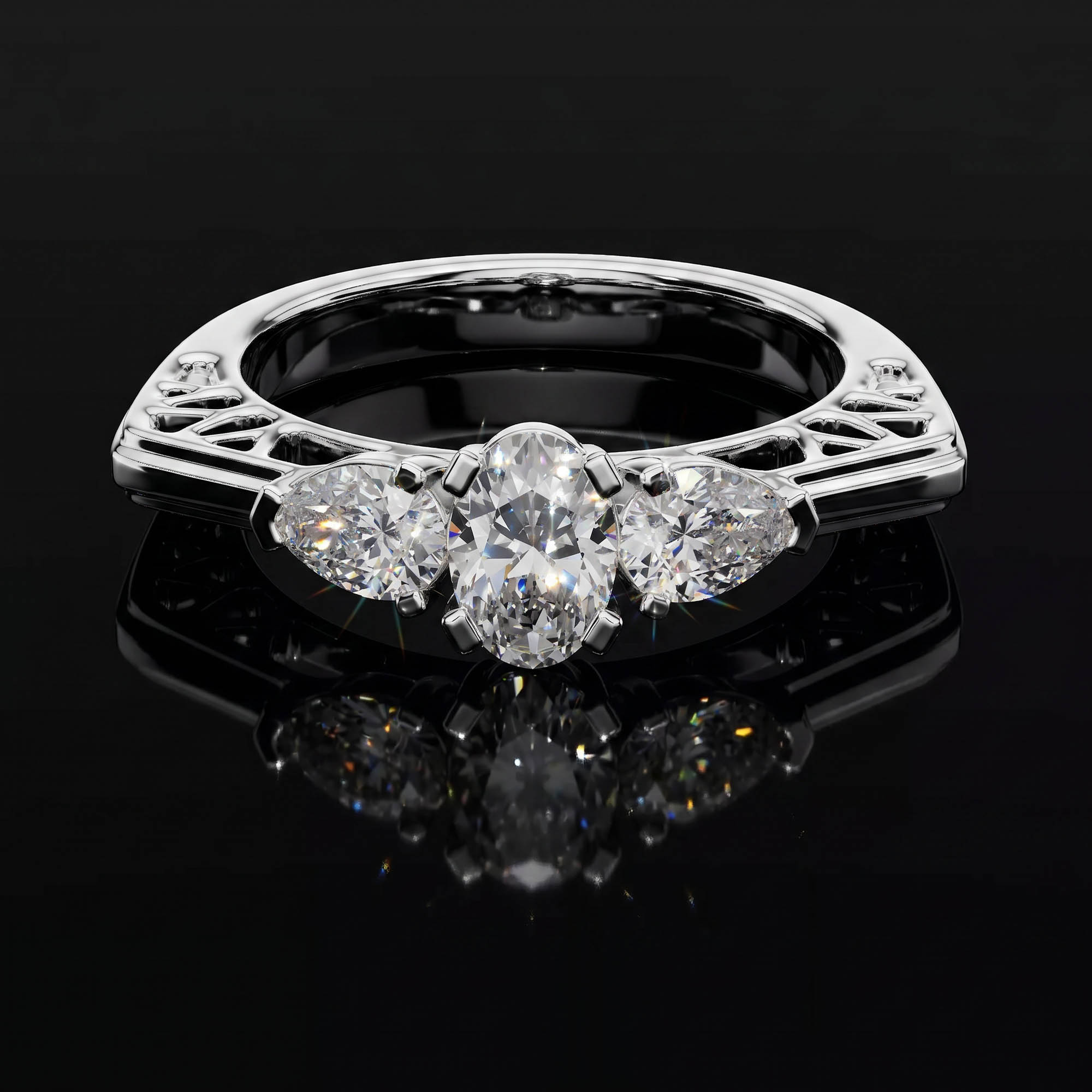 Aura 1,00 Karat Oval ve Damla Kesim Ajurlu Euro-Shank CVD Pırlanta Lab Grown Tria Yüzük    (14 ayar 3.53Gr altin)