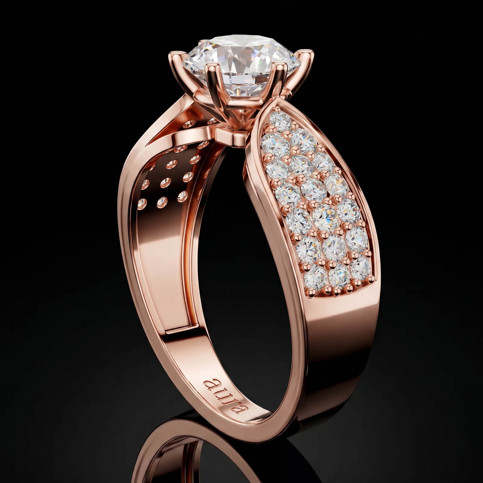 Aura 1,53 Karat Geniş Pavé Kollu CVD Pırlanta Lab Grown Tektaş Yüzük (14 ayar 3.27Gr altin)