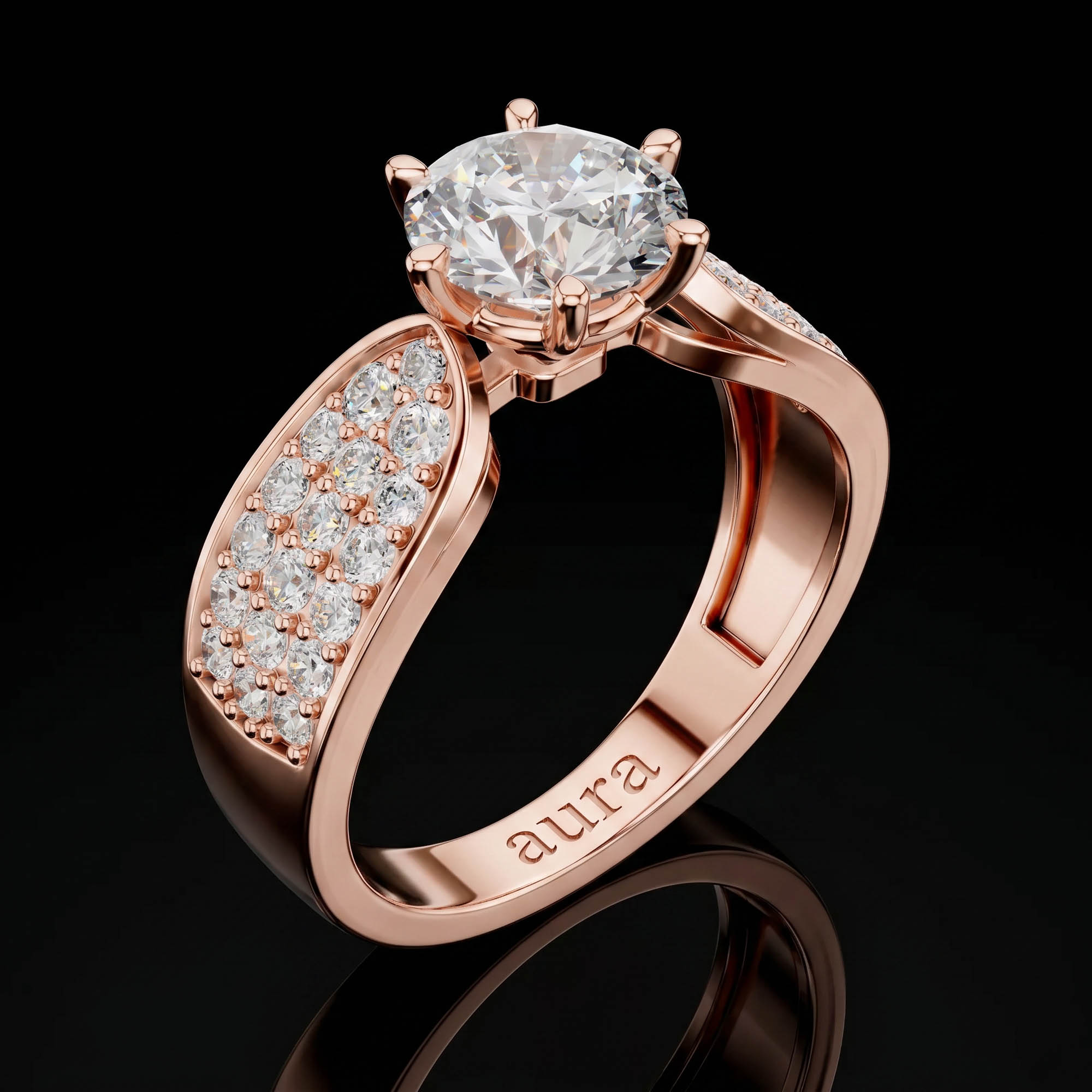 Aura 1,53 Karat Geniş Pavé Kollu CVD Pırlanta Lab Grown Tektaş Yüzük (14 ayar 3.27Gr altin)