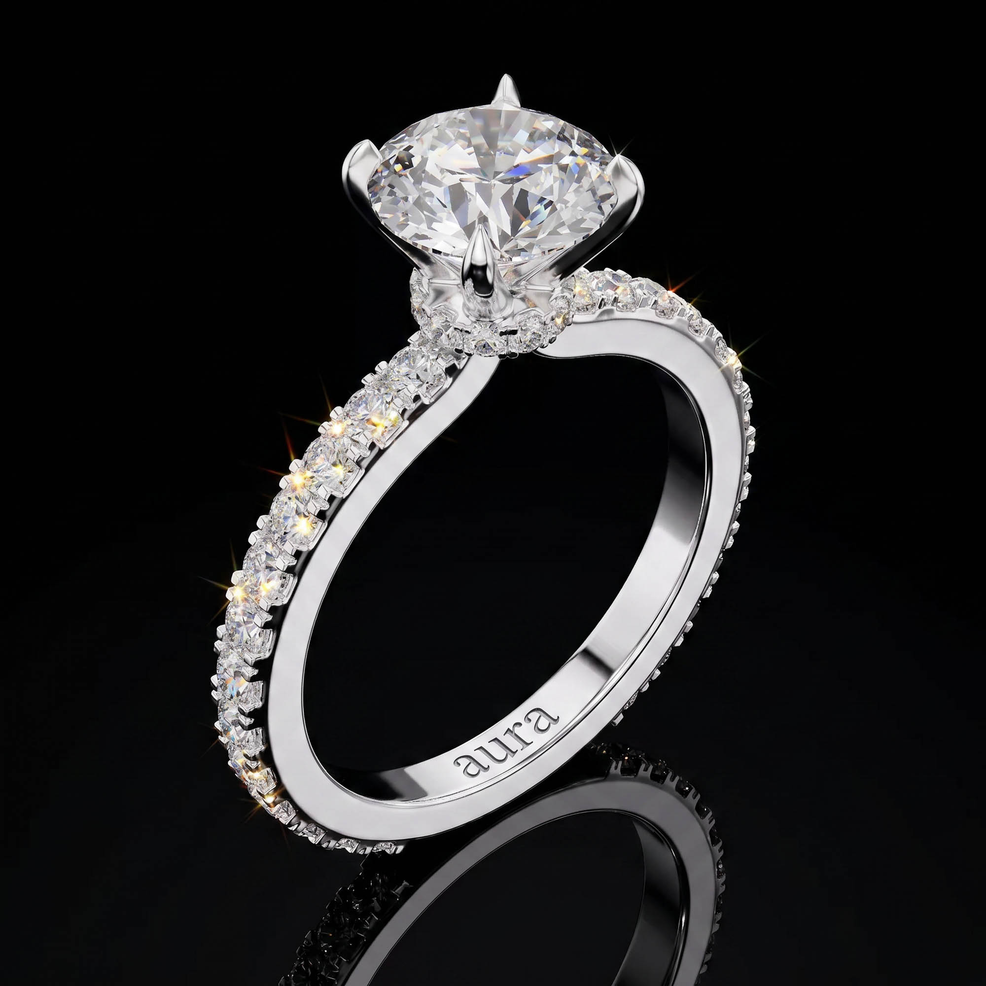 Aura 1,65 Karat Gizli Halo ve Pavé Kollu CVD Pırlanta Lab Grown Tektaş Yüzük (14 ayar 2.04Gr altin)