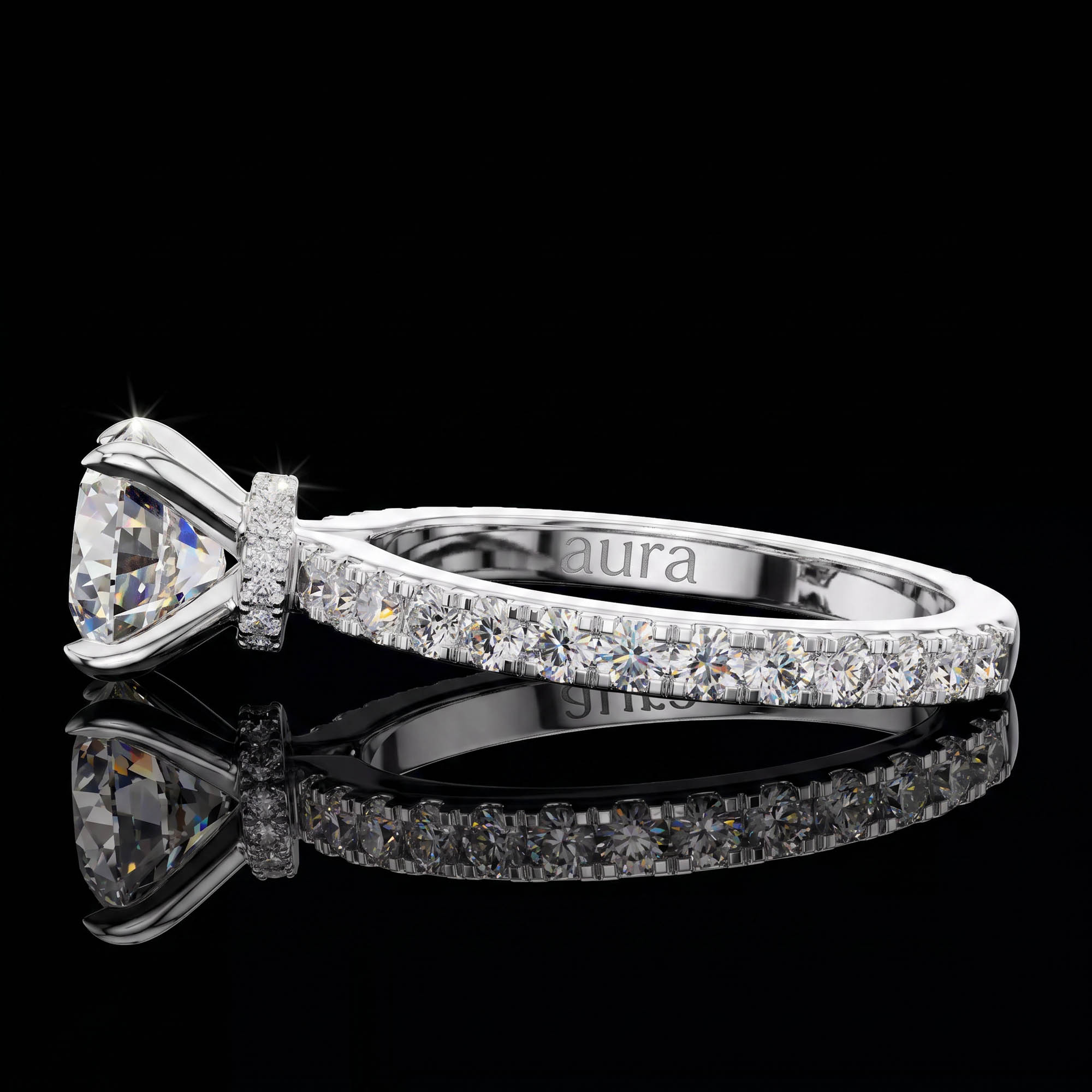 Aura 1,65 Karat Gizli Halo ve Pavé Kollu CVD Pırlanta Lab Grown Tektaş Yüzük (14 ayar 2.04Gr altin)