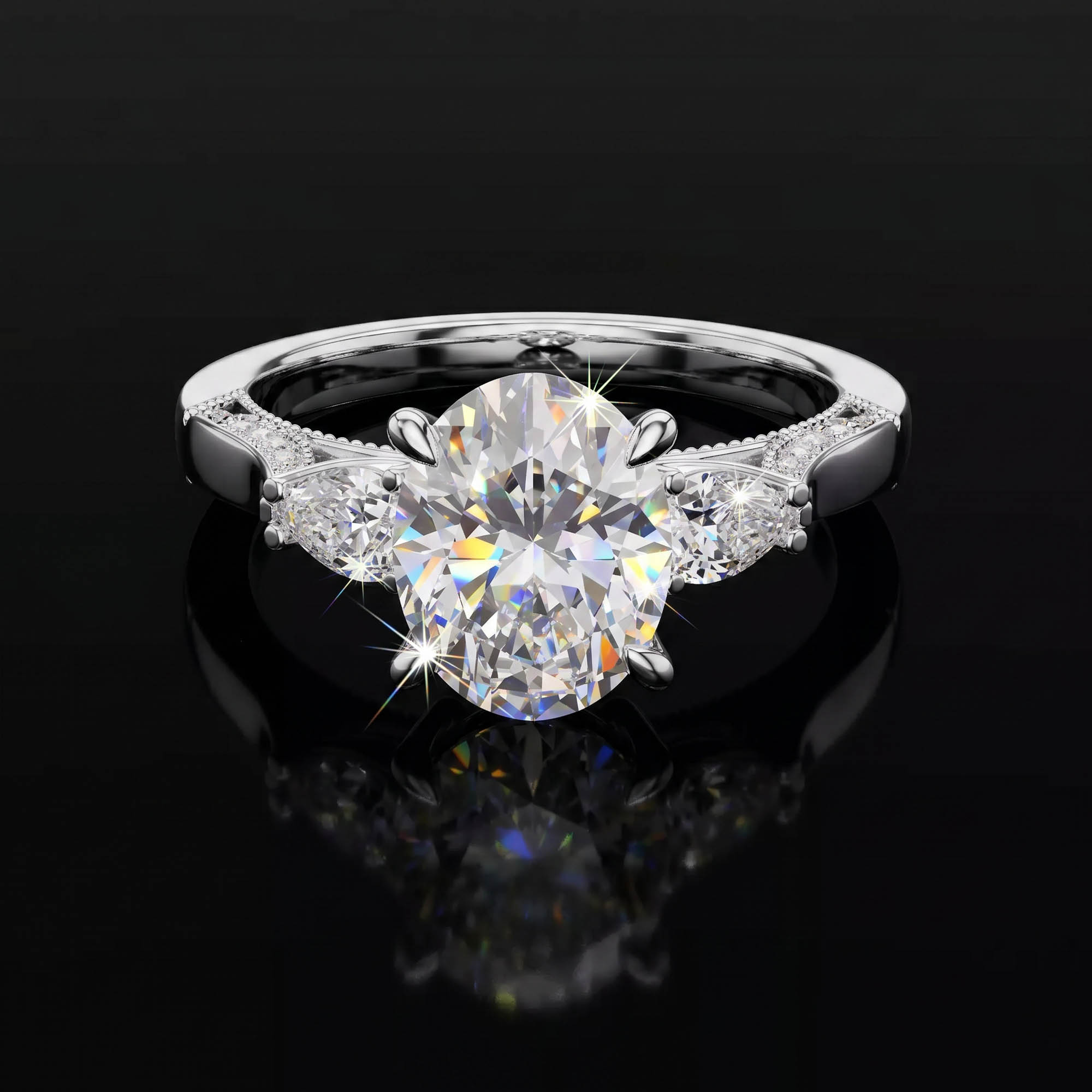 Aura 2,15 Karat Oval ve Damla Kesim Vintage Milgrain CVD Pırlanta Lab Grown Tria Yüzük (14 ayar 3.51Gr altin)