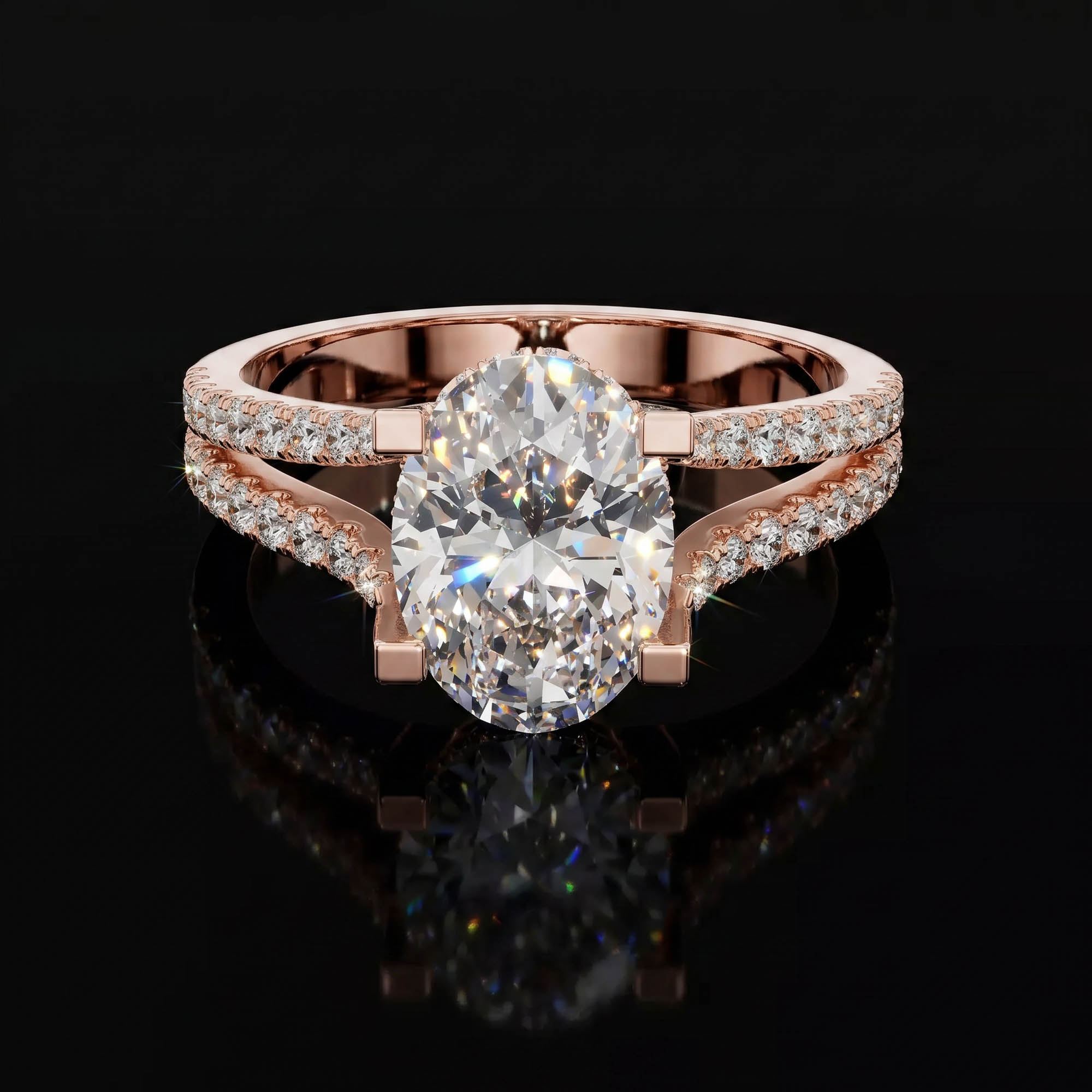 Aura 2,18 Karat Oval Kesim Çift Sıra Ayrık Kollu Gizli Halo CVD Pırlanta Lab Grown Tektaş Yüzük    (14 ayar 3.19Gr altin)