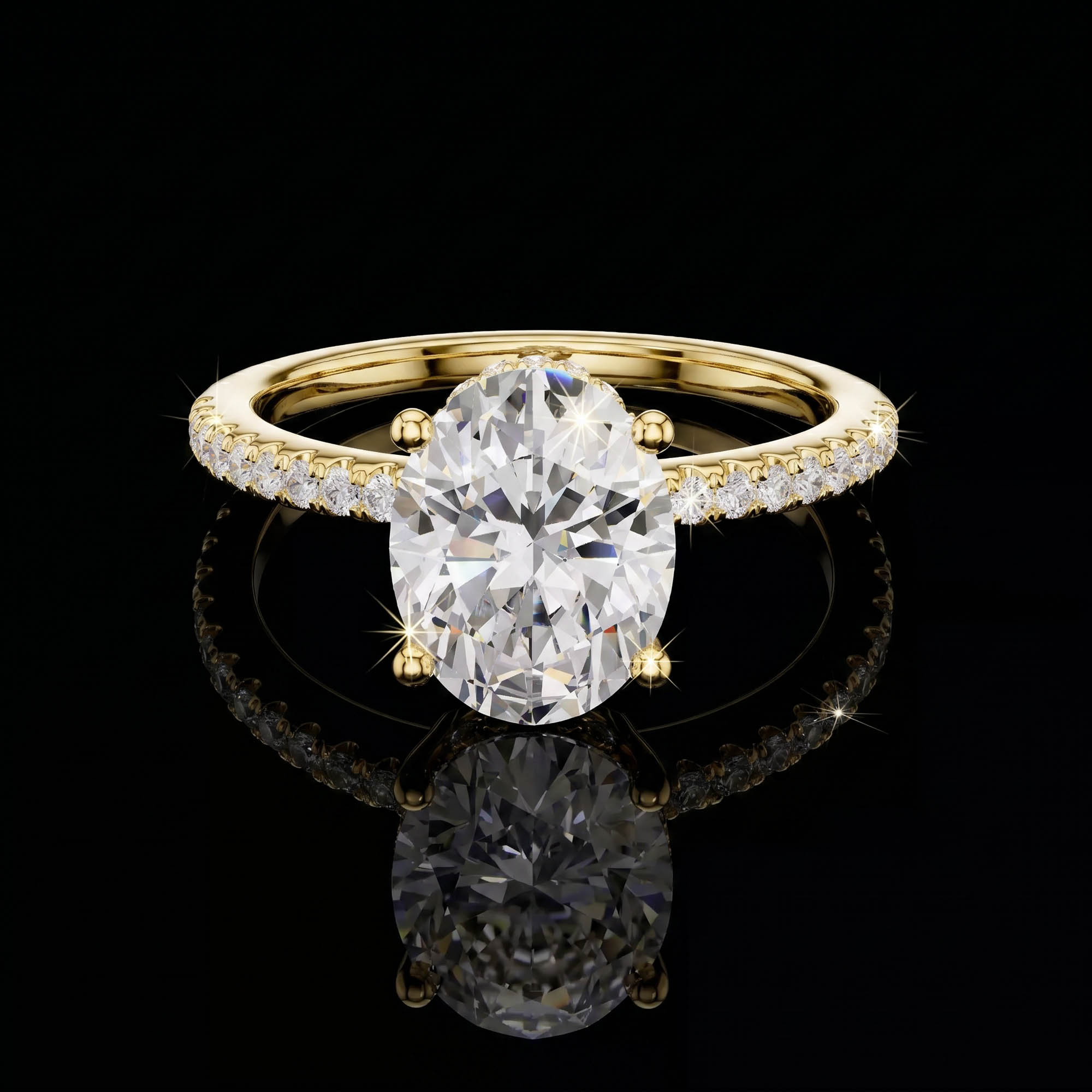 Aura 2,31 Karat Oval Kesim Gizli Halo Pavé Kollu CVD Pırlanta Lab Grown Tektaş Yüzük    (14 ayar 2.61Gr altin)
