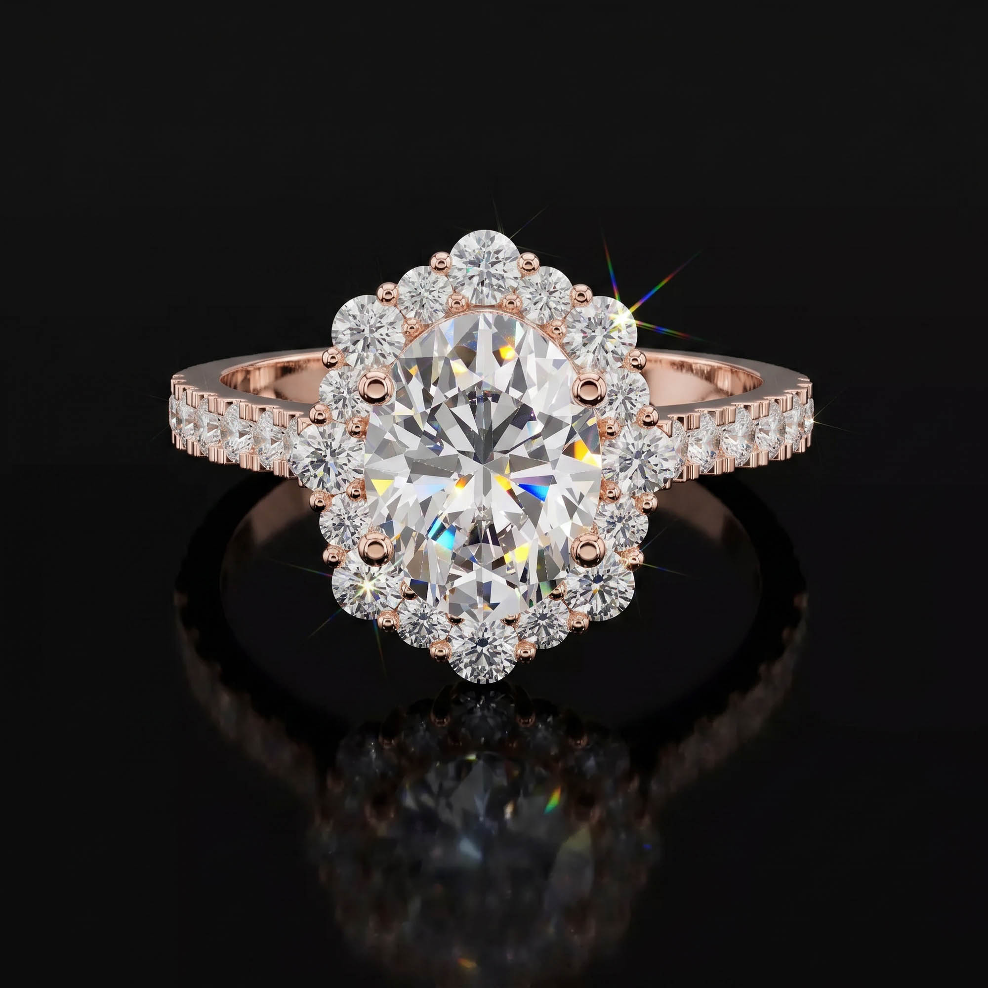Aura 2,62 Karat Oval Kesim Güneş Halo Pavé Kollu CVD Pırlanta Lab Grown Tektaş Yüzük (14 ayar 2.39Gr altin)