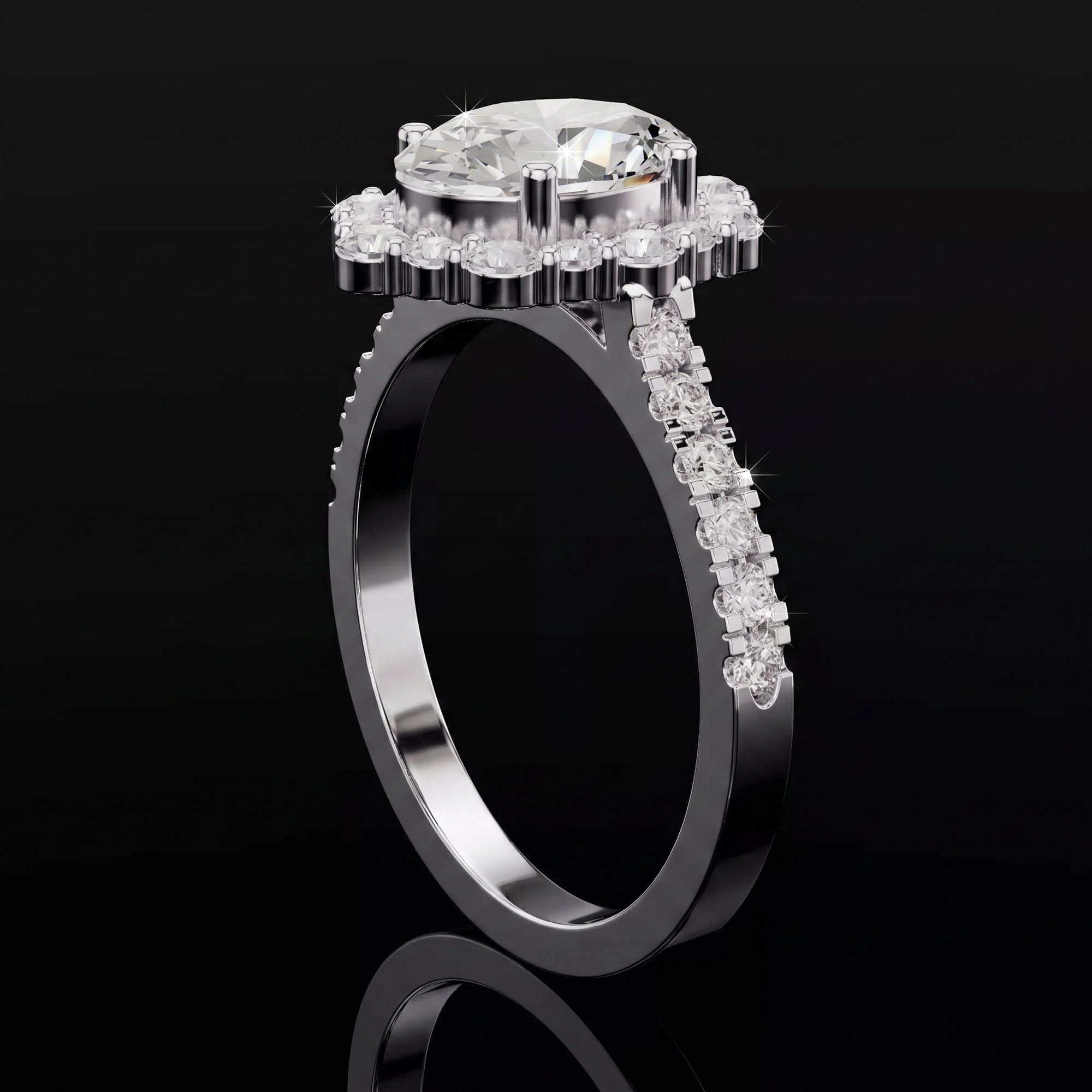 Aura 2,62 Karat Oval Kesim Güneş Halo Pavé Kollu CVD Pırlanta Lab Grown Tektaş Yüzük (14 ayar 2.39Gr altin)