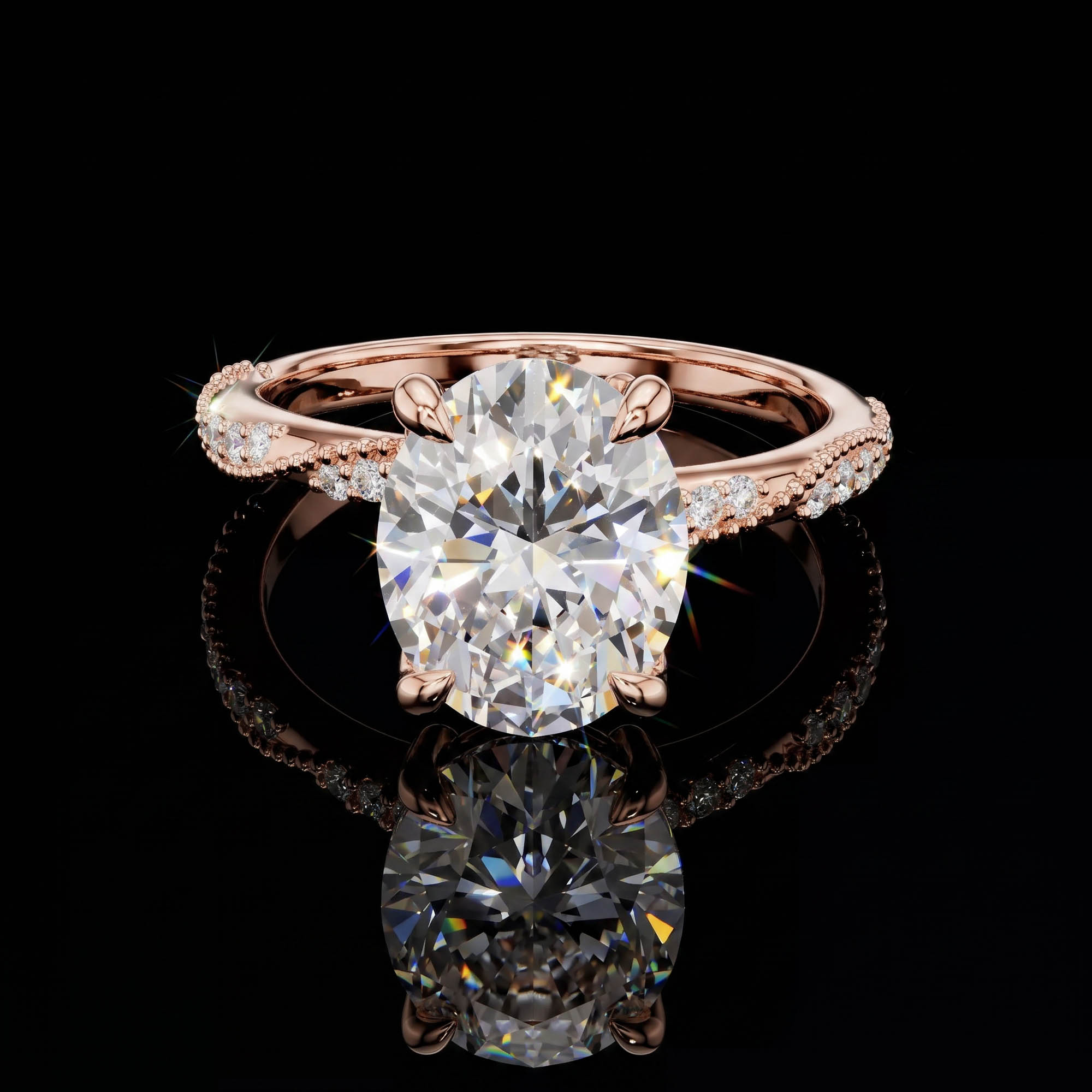 Aura 2,75 Karat Oval Kesim Markiz Taç Detaylı Sarmaşık Pavé CVD Pırlanta Lab Grown Tektaş Yüzük (14 ayar 2.81Gr altin)