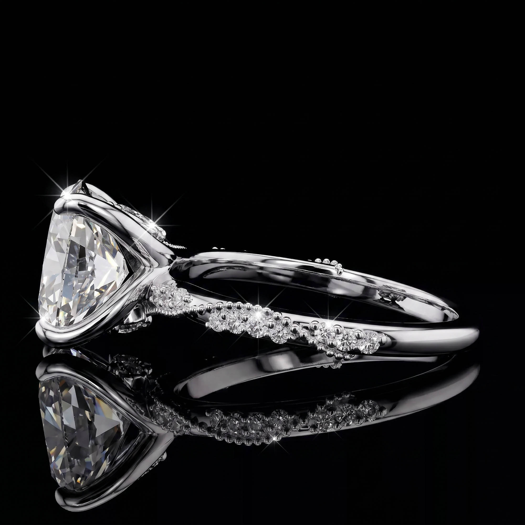 Aura 2,75 Karat Oval Kesim Markiz Taç Detaylı Sarmaşık Pavé CVD Pırlanta Lab Grown Tektaş Yüzük (14 ayar 2.81Gr altin)