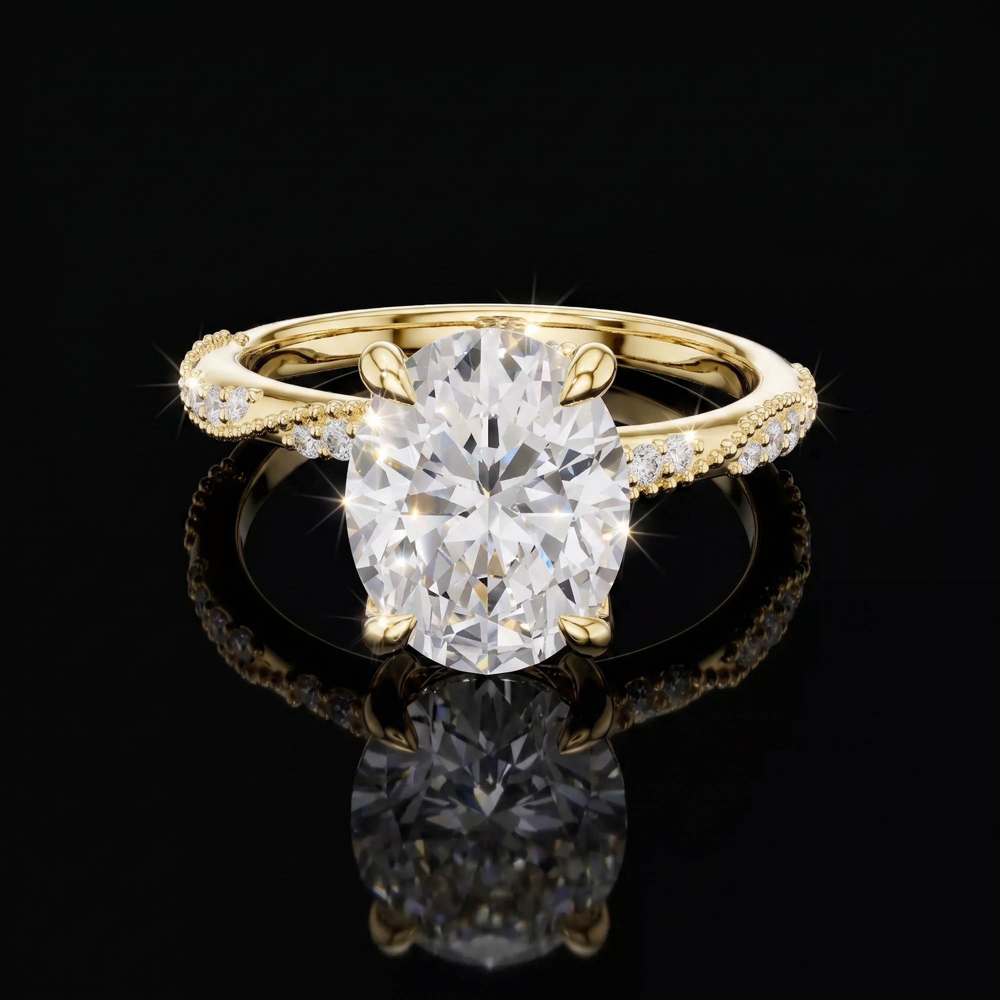 Aura 2,75 Karat Oval Kesim Markiz Taç Detaylı Sarmaşık Pavé CVD Pırlanta Lab Grown Tektaş Yüzük (14 ayar 2.81Gr altin)
