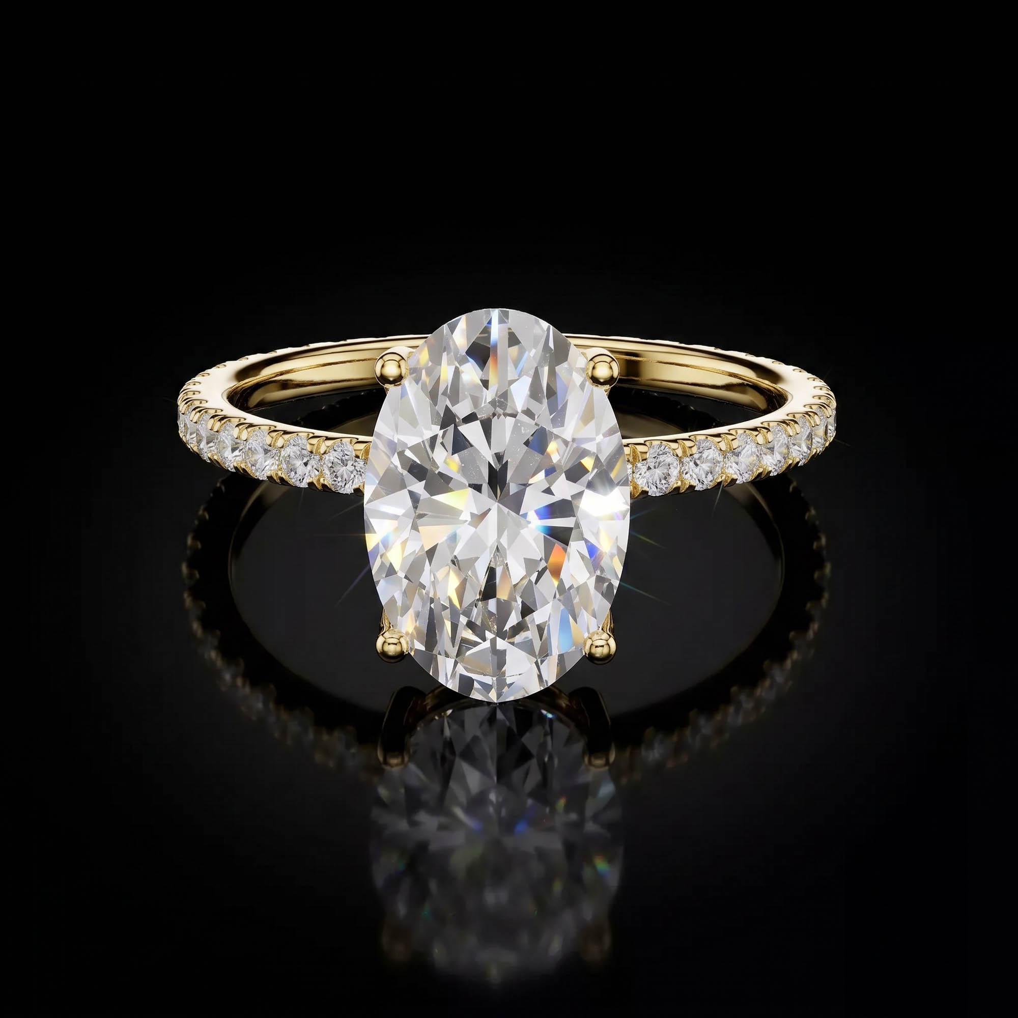 Aura 2,94 Karat Oval Kesim Tamtur Pavé Kollu CVD Pırlanta Lab Grown Tektaş Yüzük    (14 ayar 1.74Gr altin)
