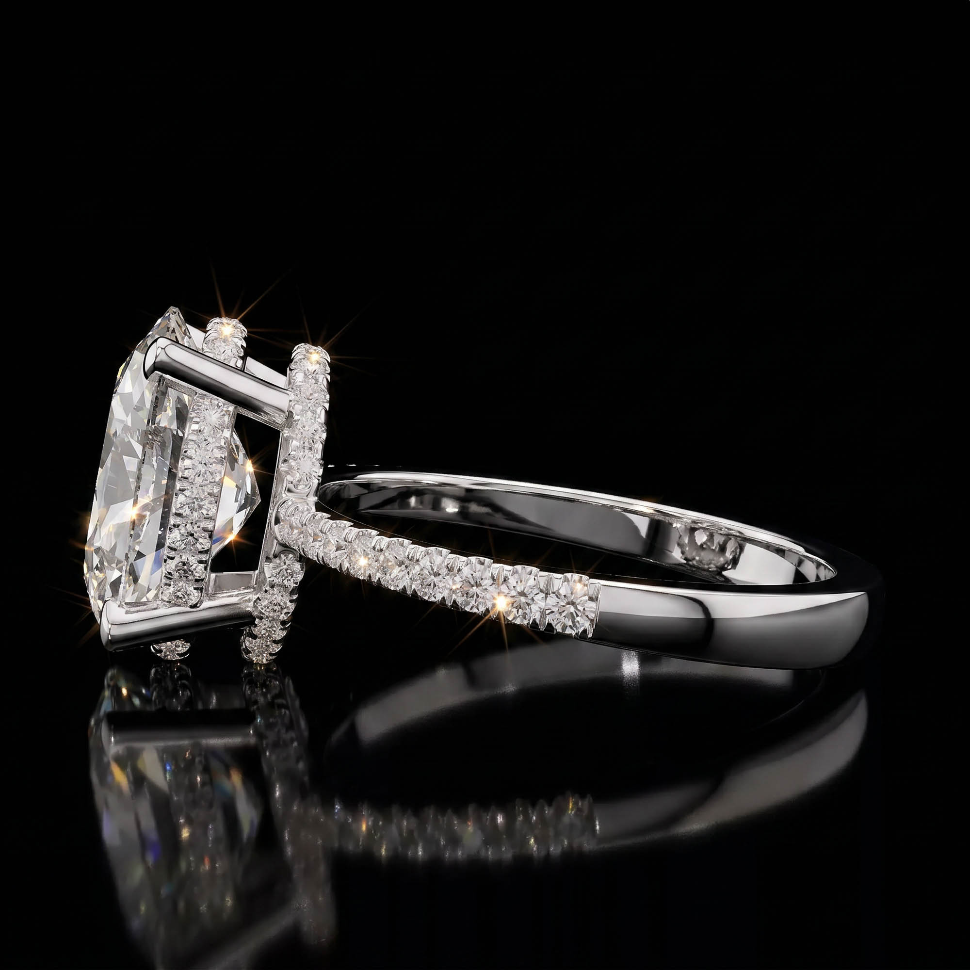 Aura 3,34 Karat Oval Kesim Çift Sıra Gizli Halo Pavé Kollu CVD Pırlanta Lab Grown Tektaş Yüzük (14 ayar 3.15Gr altin)