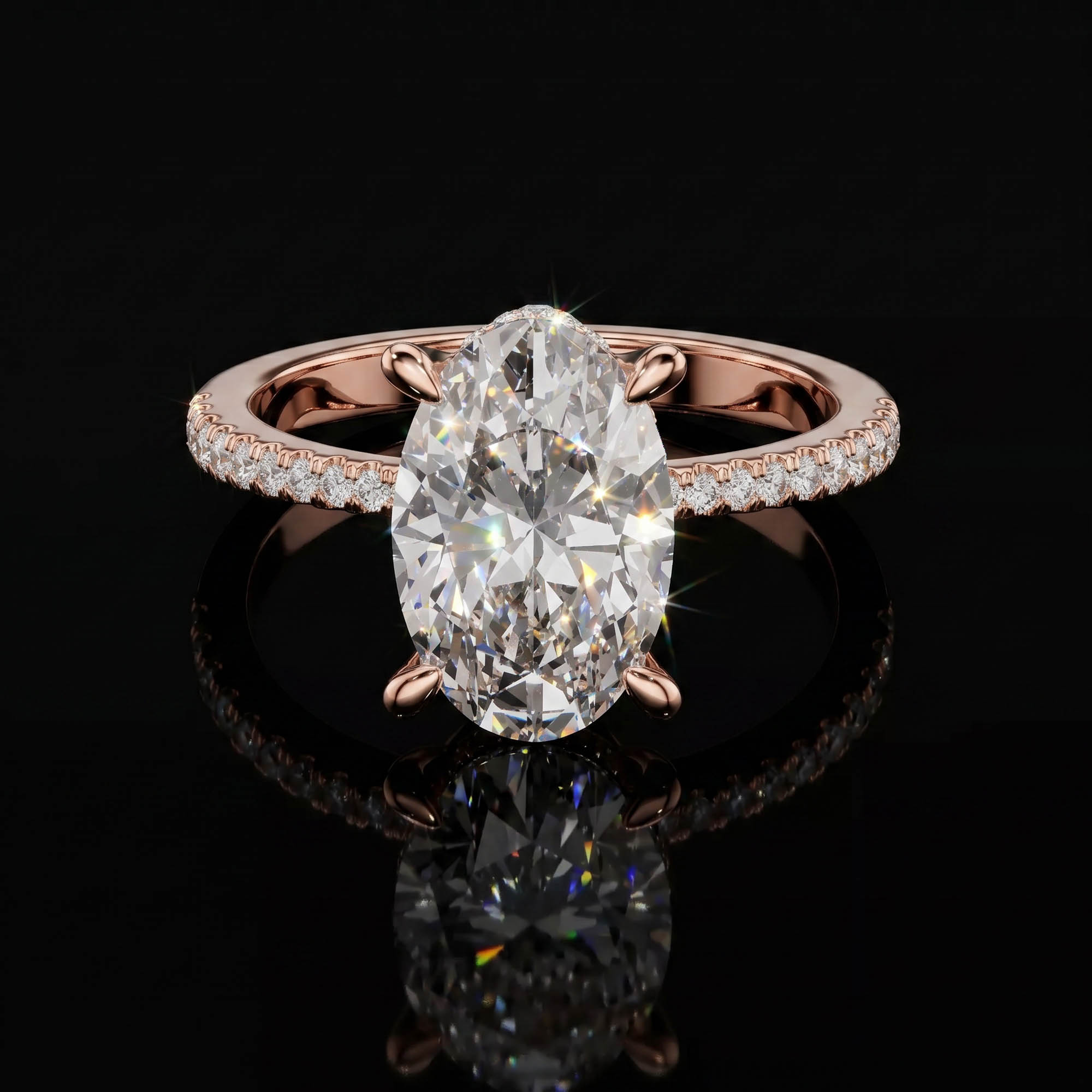 Aura 3,34 Karat Oval Kesim Çift Sıra Gizli Halo Pavé Kollu CVD Pırlanta Lab Grown Tektaş Yüzük (14 ayar 3.15Gr altin)