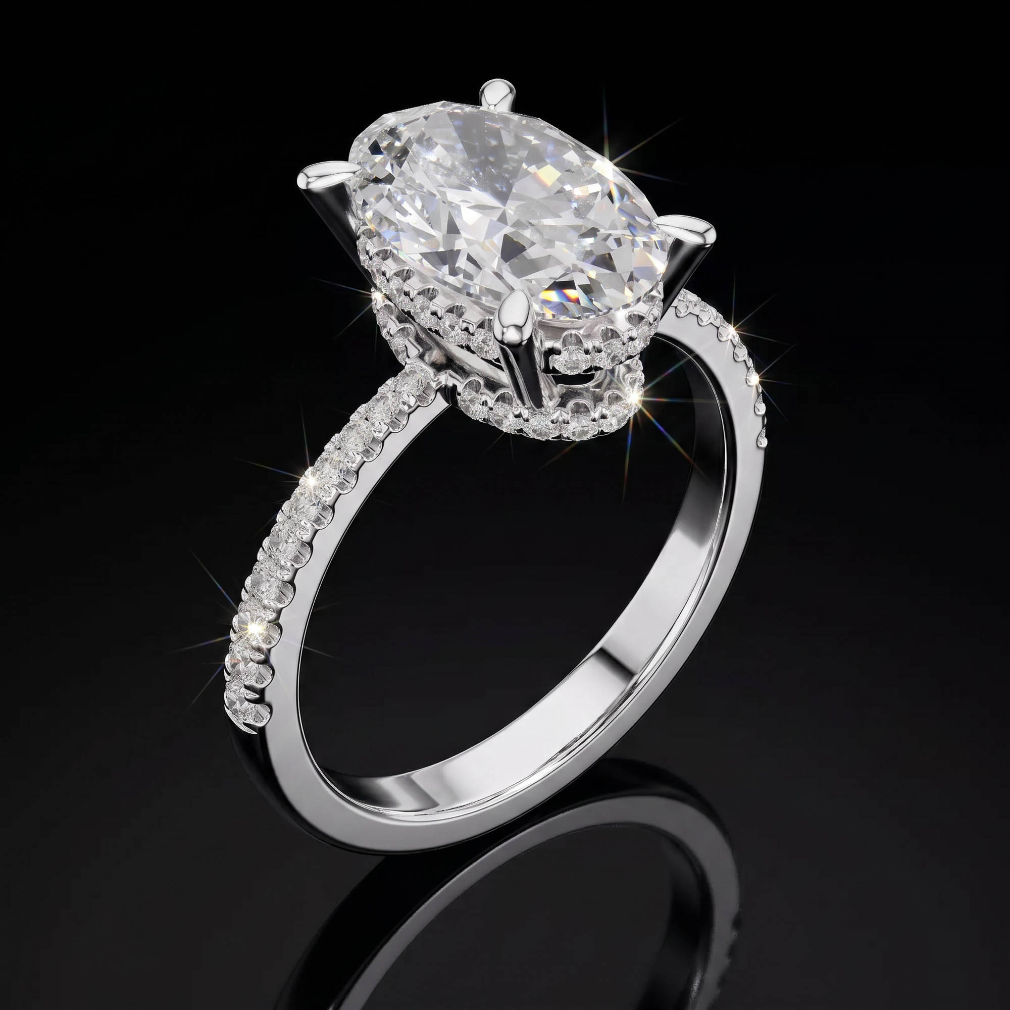 Aura 3,34 Karat Oval Kesim Çift Sıra Gizli Halo Pavé Kollu CVD Pırlanta Lab Grown Tektaş Yüzük (14 ayar 3.15Gr altin)