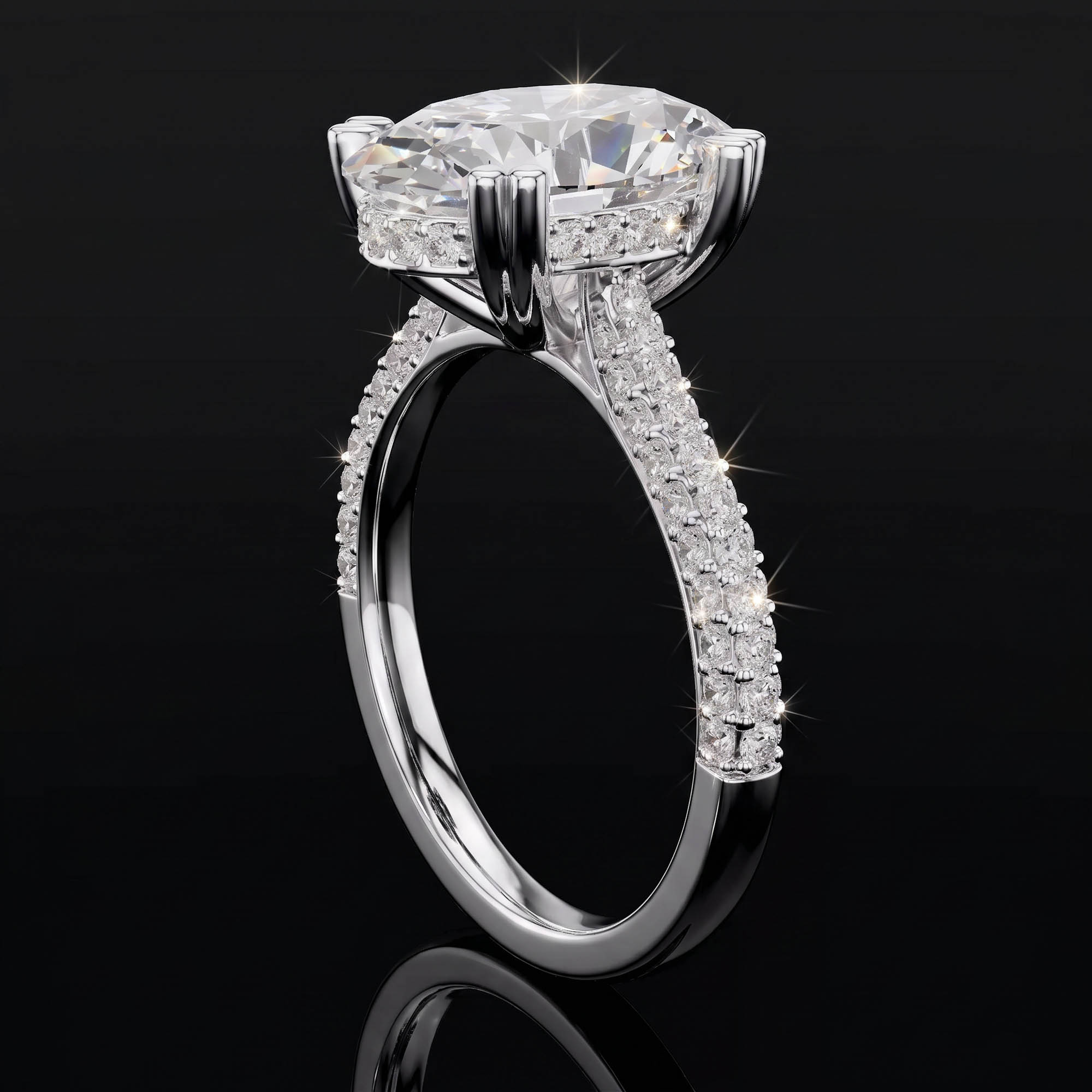 Aura 4,39 Karat Oval Kesim Çift Tırnaklı Çok Sıra Pavé Kollu CVD Pırlanta Lab Grown Tektaş Yüzük    (14 ayar 3.74Gr altin)