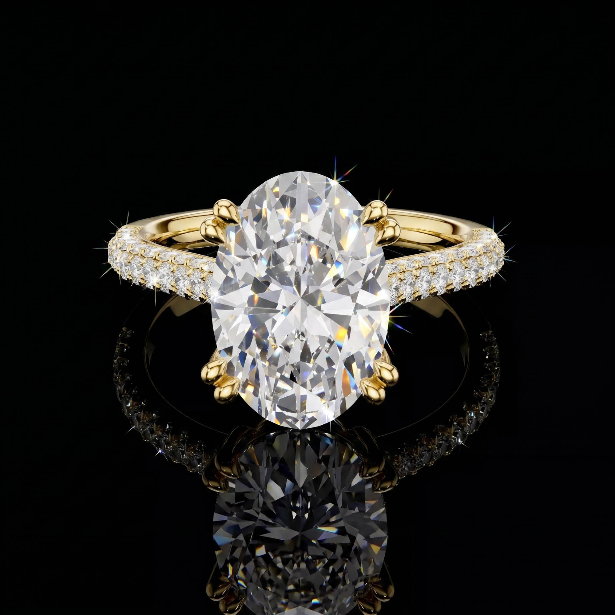 Aura 4,57 Karat Oval Kesim Çift Tırnaklı Çok Sıra Pavé Kollu CVD Pırlanta Lab Grown Tektaş Yüzük (14 ayar 4.67Gr altin)