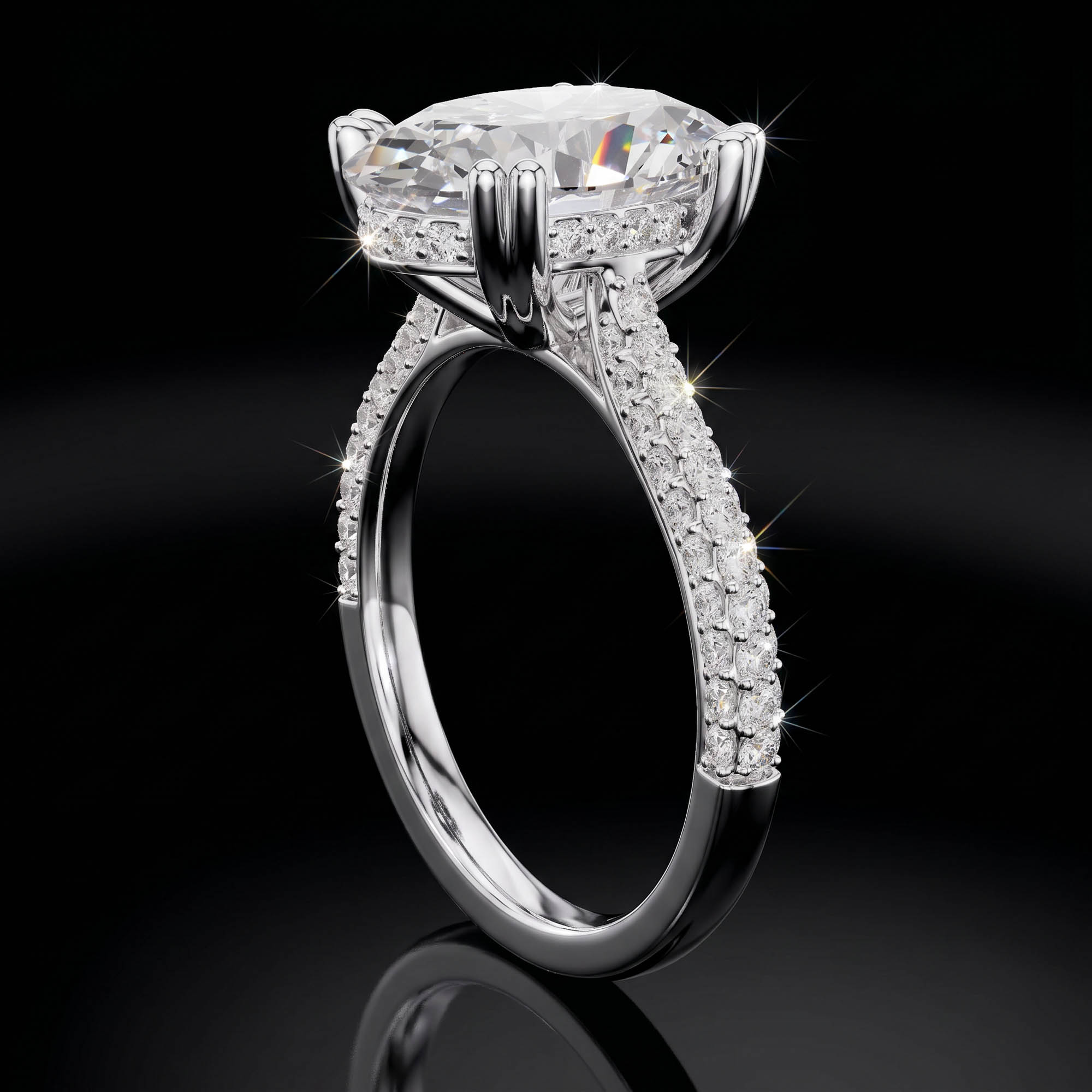 Aura 4,57 Karat Oval Kesim Çift Tırnaklı Çok Sıra Pavé Kollu CVD Pırlanta Lab Grown Tektaş Yüzük (14 ayar 4.67Gr altin)