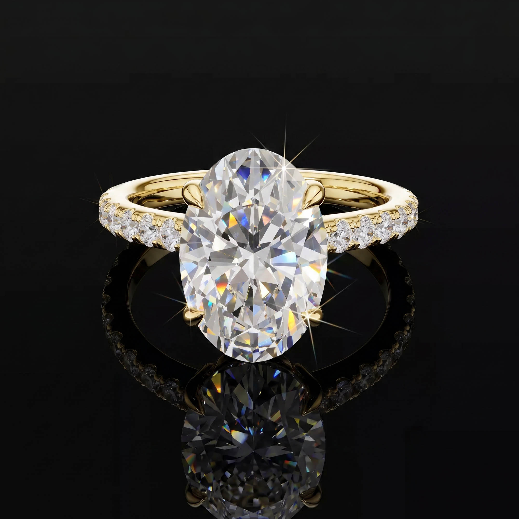 Aura 4,58 Karat Oval Kesim Gizli Halo Pavé Kollu CVD Pırlanta Lab Grown Tektaş Yüzük   