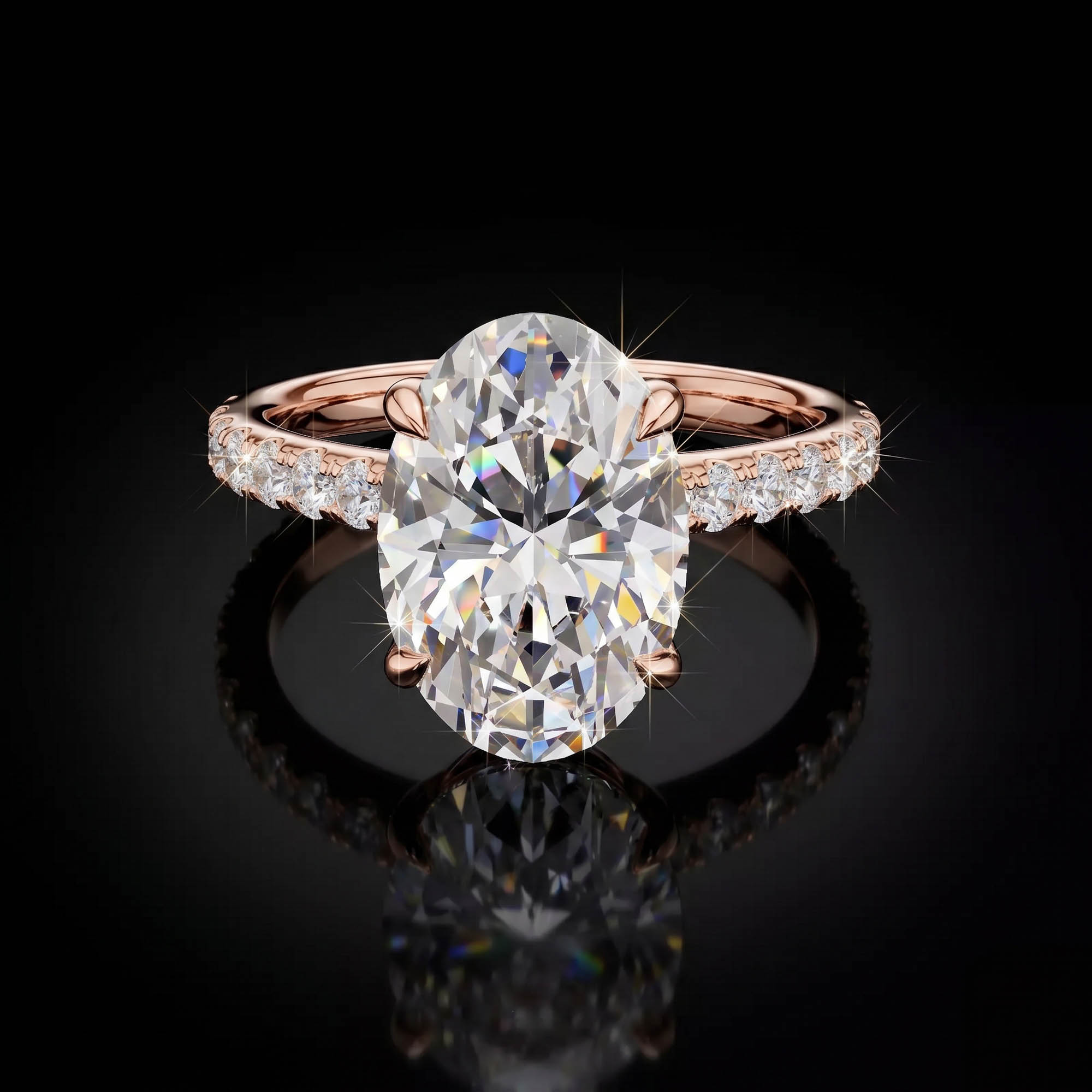Aura 4,58 Karat Oval Kesim Gizli Halo Pavé Kollu CVD Pırlanta Lab Grown Tektaş Yüzük   