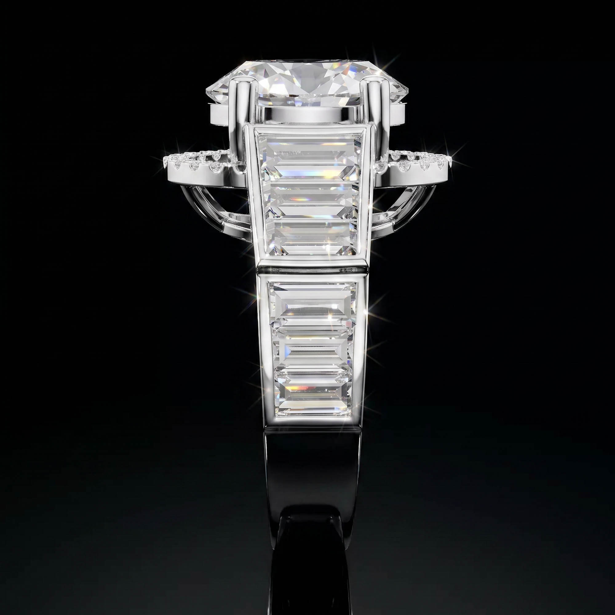 Aura 5,50 Karat Oval Halo ve Kademeli Baget Taşlı Katedral CVD Pırlanta Lab Grown Yüzük   